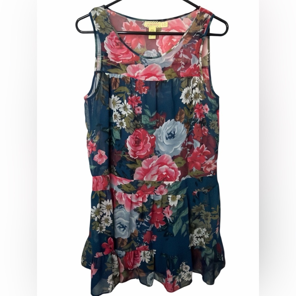 Pins & Needles Anthropologie Navy Floral Sleeveless Sheer Tunic Mini Dress